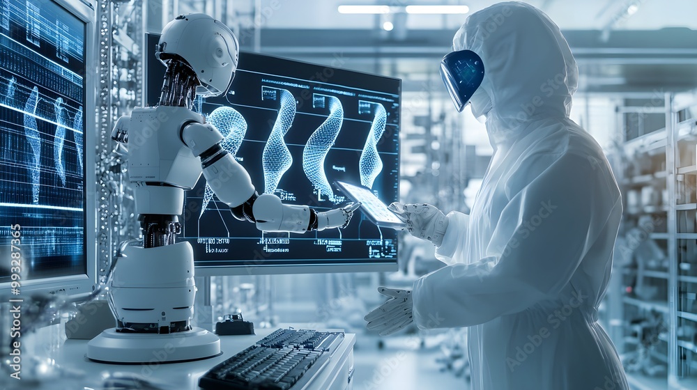 Poster humanoid robot and scientist collaborating in a lab setting
