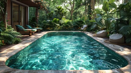 A serene retreat in a tropical oasis with a shimmering pool surrounded by lush greenery. Generative AI