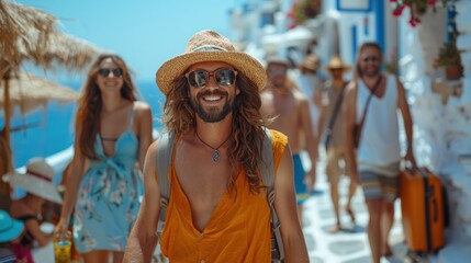 Joyful travelers explore a sun-soaked seaside village along the stunning coastline during a summer day. Generative AI