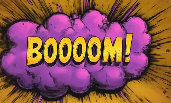 Explosive Comic Style BOOOM! Illustration in Vivid Yellow and Purple.