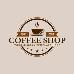 Coffee shop logo design template premium. stamp retro badge coffee bean cup vector, bar brand symbol icon vintage