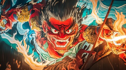 Obraz premium Vibrant mural showcasing an intense warrior bursting with energy, depicting strength and passion in a dynamic urban setting