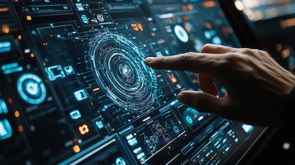 Fototapeta premium Close-up of a hand interacting with a futuristic digital interface on a computer screen.