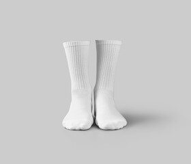 Mockup of white long socks 3d rendering, front view, isolated on background with shadows.