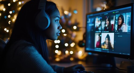 Black Woman on Video Call with Friends During Christmas – High-Resolution Zoom Party Photo