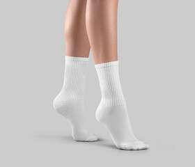Mockup of white long tiptoe socks side view, high gaiters on women ankles, isolated on background.