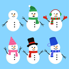 Collection of White Snowman Winter on Blue Background