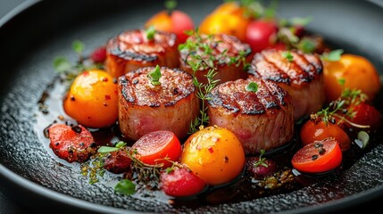 elegant gourmet dinner plate featuring a dark black dish showcasing exquisite culinary artistry with beautifully arranged food emphasizing sophistication and taste