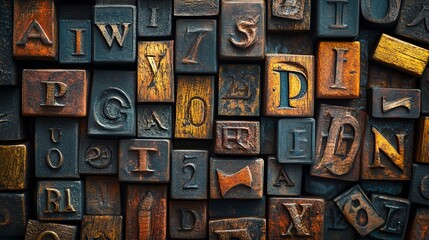 Vintage wooden letterpress blocks arranged in a random pattern, creating a textured background.
