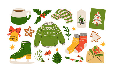 Hygge Winter elements set. Cute and cozy cartoon vector collection. Illustration of christmas present, festive garland, warm knitted sweater, envelope, star and skates.