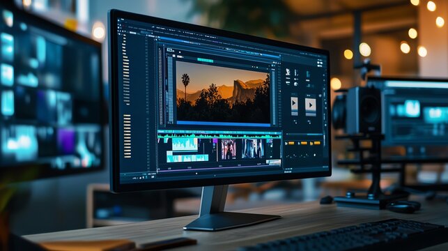 A computer monitor displays a video editing software interface with a landscape video of hot air balloons.