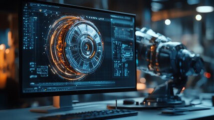 Focused female programmer working on AI project, analyzing data on a large monitor.