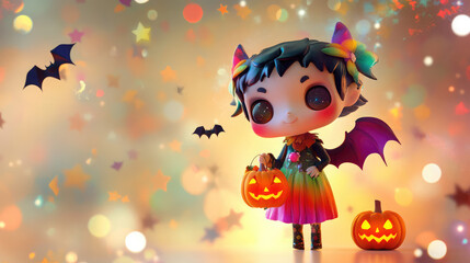 Fototapeta premium 3D cute vampire with a rainbow-colored outfit, holding a tiny jack-o-lantern, surrounded by floating bats and stars on a light, soft background.