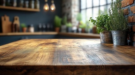 Fototapeta premium empty wooden table in a modern kitchen softly blurred background creating a warm and inviting atmosphere ideal for showcasing culinary creations or home decor