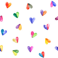 Colorful watercolor two-part hearts seamless vector pattern. Hand brush drawn painted Valentine's Day endless multicolor background, template. Artistic watercolor stains textured doodle heart shapes.