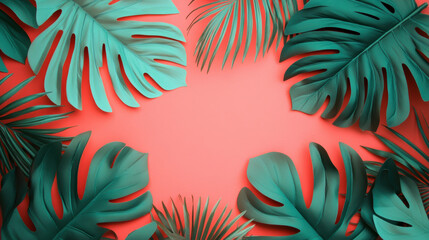 Naklejka premium Vibrant coral background with lush green tropical leaves creates refreshing and lively atmosphere, perfect for summer themes and nature inspired designs