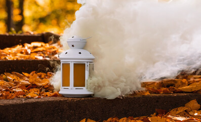 A lantern with smoke in the forest among autumn leaves