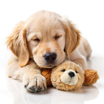 Golden Retriever puppy sleeping with a stuffed animal.