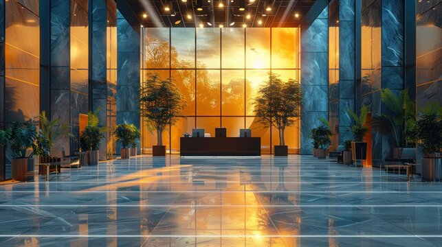 Stunning sunset illuminates a modern lobby with sleek decor and vibrant plants in an upscale urban setting. Generative AI