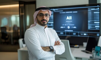 Fototapeta premium Man in traditional clothing standing in office with AI screen.
