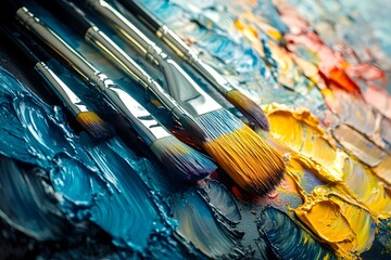 Vibrant Splashes of Color Mixing on an Palette with Scattered Brushes Showcasing Creativity and