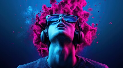 Person listening to music with vibrant cloud explosion