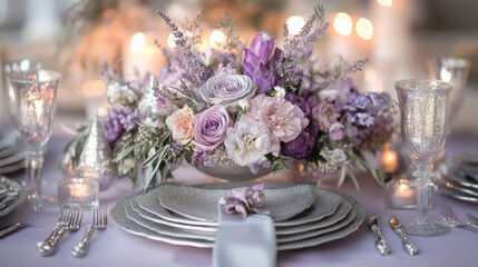 Elegant floral arrangement featuring lavender and silver accents, perfect for sophisticated dining setting. soft colors and delicate details create romantic atmosphere