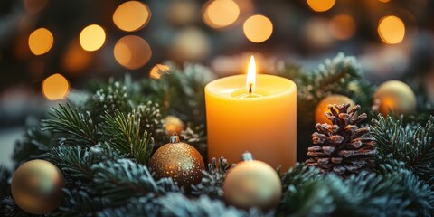 Advent wreath with one lit candle surrounded by Christmas decor and evergreen branches