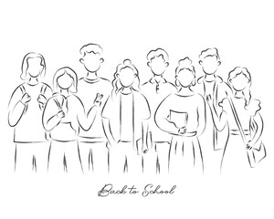 hand drawn line art vector of college kids standing together in a group. Class fellows back to school concept art
