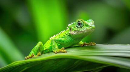 Fototapeta premium Small green lizard with spiky scales on a leaf in tropical rainforest