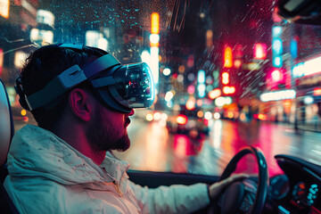 Obraz premium Virtual Reality Night Drive Through Neon City