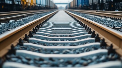 Fototapeta premium Close-up of railroad track leading to industrial cargo train with sharp symmetry