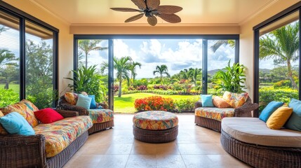 Inviting sunroom with ceiling fans