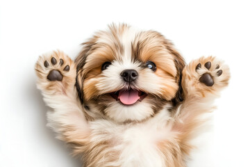 funny, cute shih tzu puppy dog lying on his back with paws up and  waiting for belly rubs; doggy...