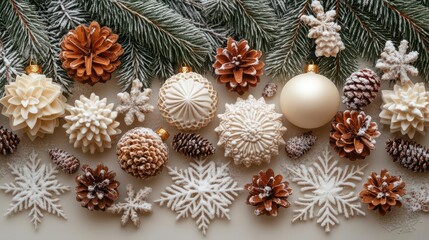 festive christmas flat lay featuring snowflakes holiday decorations and winter elements on a white background designed for a cheerful and inviting seasonal greeting