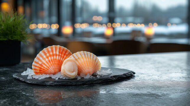 Fresh Shell on Ice with Market Background