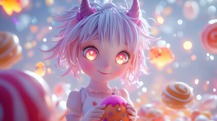 Fototapeta premium A lovable 3D vampire with pastel locks and glowing eyes, playfully surrounded by colorful treats and shining stars in a magical Halloween atmosphere.