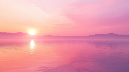 Naklejka premium serene sunset over calm waters creates soft gradient of pink and purple hues, reflecting beautifully on surface. tranquil scene evokes sense of peace and relaxation