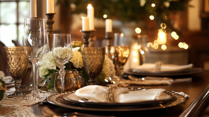 Naklejka premium Elegant dining table set for festive occasion, featuring rustic brown and cream elements, adorned with gold accents and soft candlelight, creating warm and inviting atmosphere