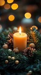 Advent wreath with one lit candle surrounded by Christmas decor and evergreen branches