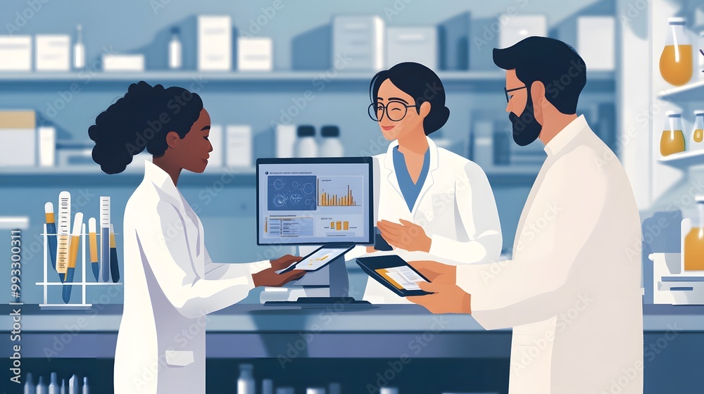 Poster three scientists collaborating in a laboratory setting