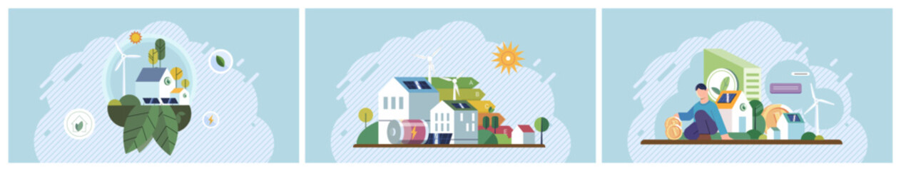 Clean energy concept. Solar panels power homes and communities while reducing environmental impact. Ideal for sustainability projects, green technology presentations, eco-friendly designs, renewable