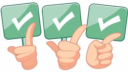 Cartoon vector illustration, three thumbs up holding green signs with check marks on them.