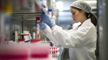 Female Scientist in Clean Lab Conducting Blood Tests