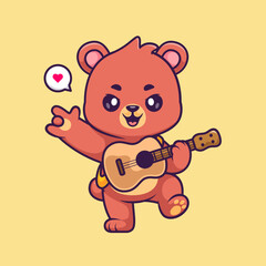 Obraz premium Cute Bear Playing Guitar With Metal Hand Cartoon Vector Icon Illustration. Animal Music Icon Concept Isolated Premium Vector. Flat Cartoon Style
