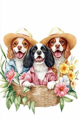 Three Dogs in a Basket with Flowers.