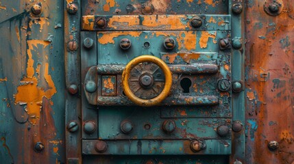 Rusty metal door with a circular handle and peeling paint. Close-up of an old industrial object.