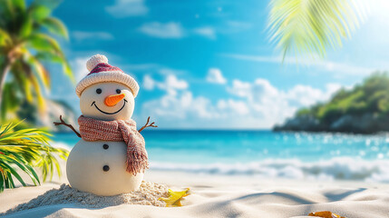 Cute snowman made of sand in winter hat and cap standing on tropical island beach with space for text. Christmas and New Year on the southern part of the Earth