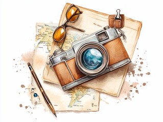Vintage Camera and Map Watercolor Illustration.
