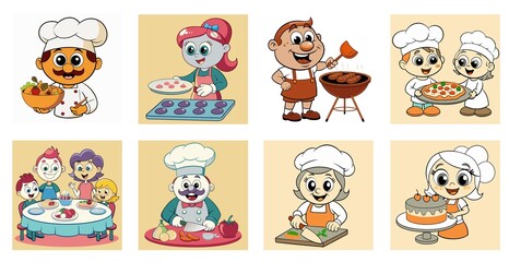 Fototapeta premium Cartoon chefs with happy emotions cooking and serving food in colorful backgrounds